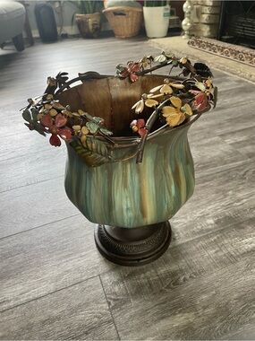 Decorative Floral Metal Urn Vase - Teal Green Finish